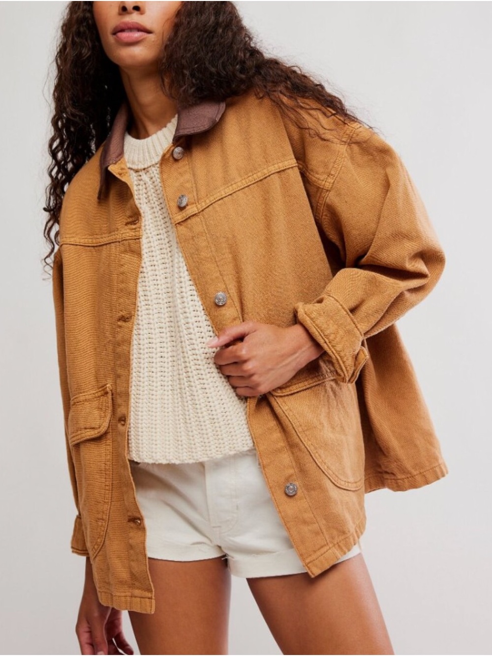 Free People Relaxed Caramel Brown Corduroy Jacket with Contrast Collar NWT